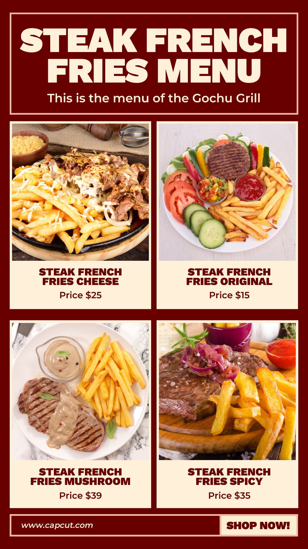 Steak frites Menu Affichage du produit Instagram Post Rouge Minimaliste