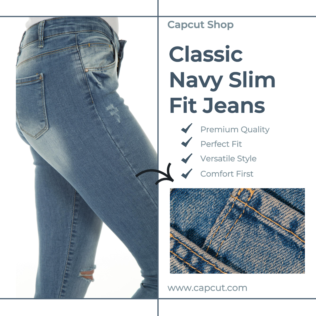 의류 및 신발 마케팅 포스터 제품 디스플레이 슬림 핏 청바지 인스타그램 포스트 화이트 블루