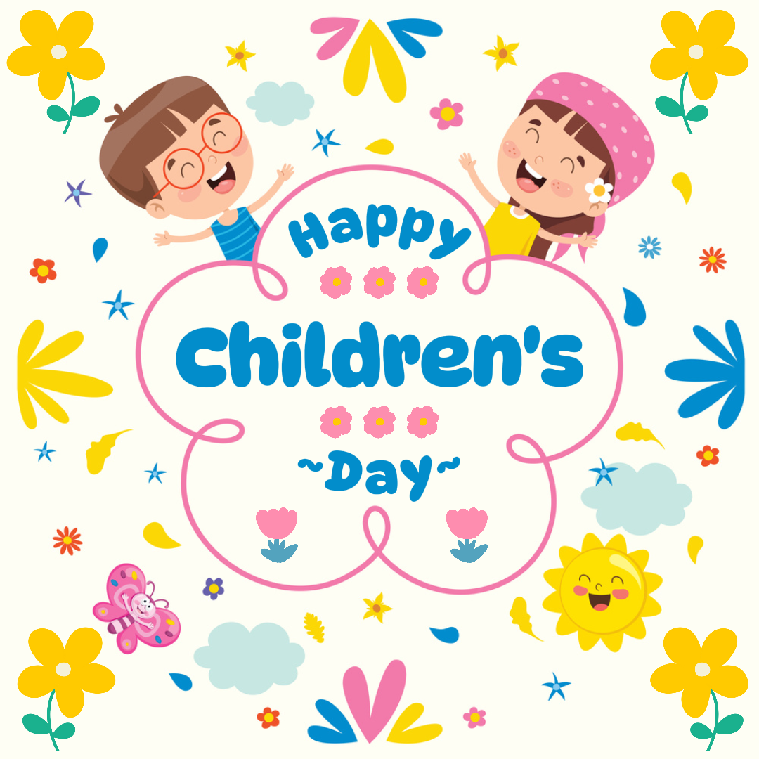 Dia das Crianças Pôster Criativo Saudação Instagram Post Azul Rosa Branco Amarelo Cor Desenho Animado