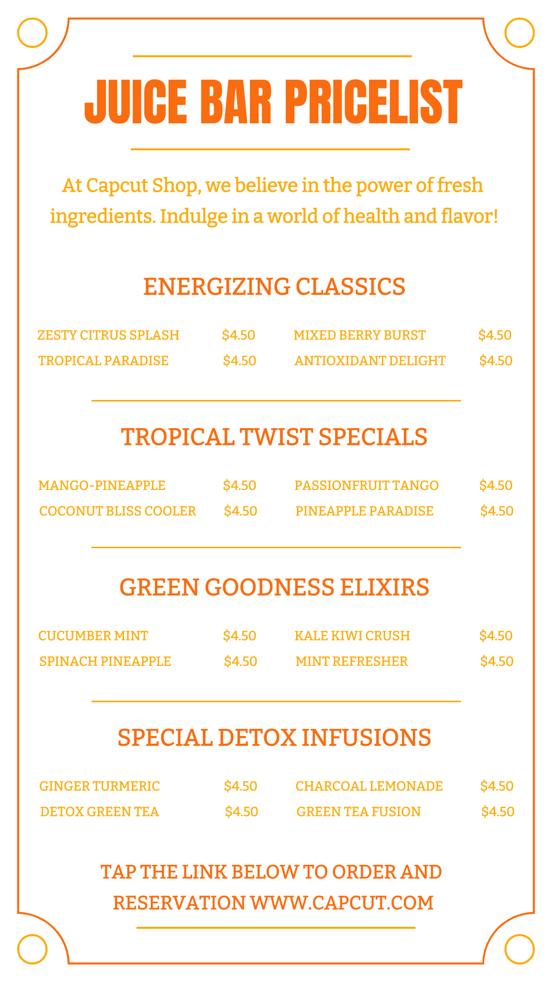 Bebida Suco bar Lista de preços Instagram Story