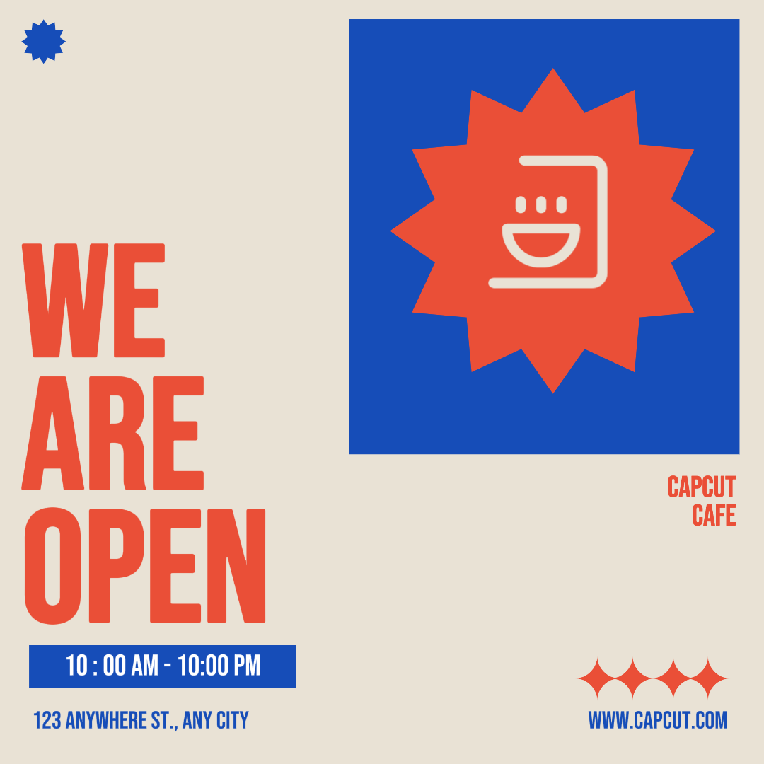 Cartel creativo de negocios y oficina instagram estamos abiertos naranja y azul