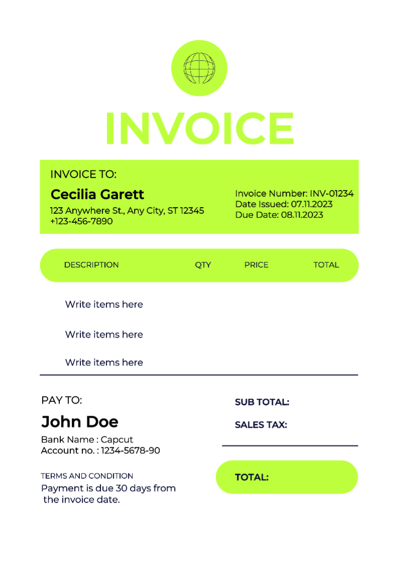 Invoice Restaurant Neon Green