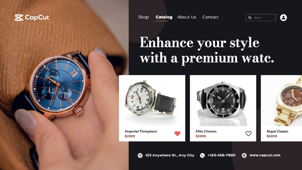 Schwarze moderne minimalistische Uhr Katalog Marketing Website