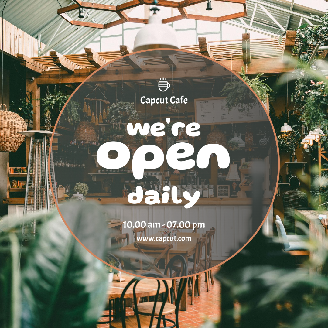 Cartel creativo de negocios y oficina publicación de Instagram estamos abiertos marrón y verde