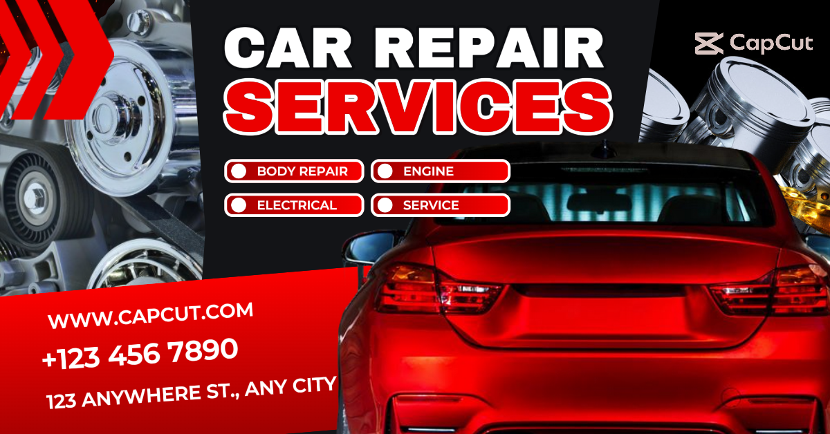 Anuncios de Facebook, diseño minimalista moderno, taller de reparación de automóviles, tema rojo negro