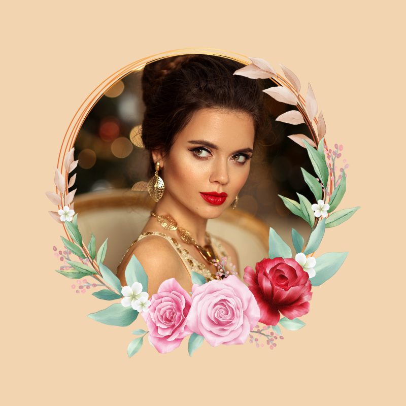 Femme de profil photo instagram non marketing avec cadre floral en bas