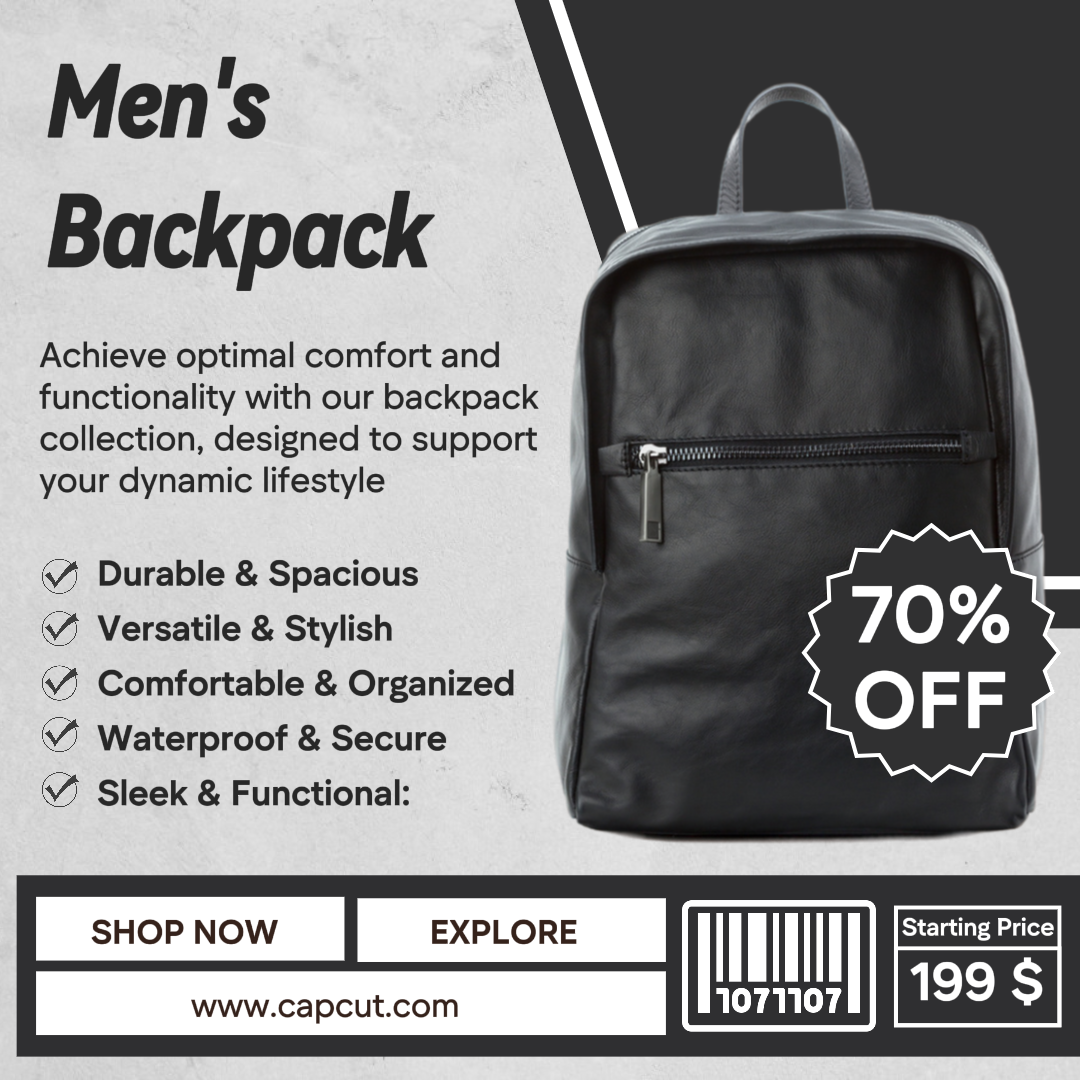 Design minimalista de modelo, mochila masculina com tema preto para postagens no Instagram