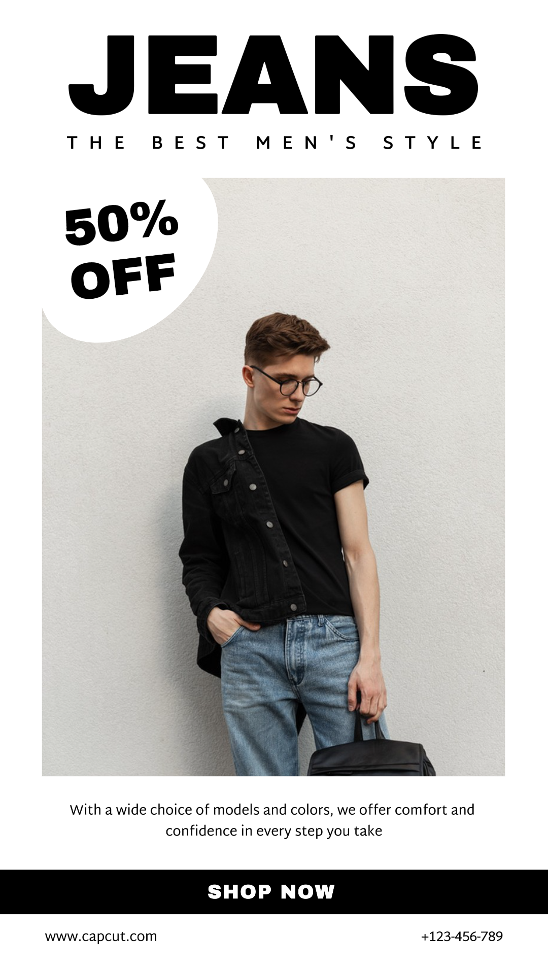 Kleidung und Schuhe Marketing Poster Jeans Instagram Story Schwarz und Weiß