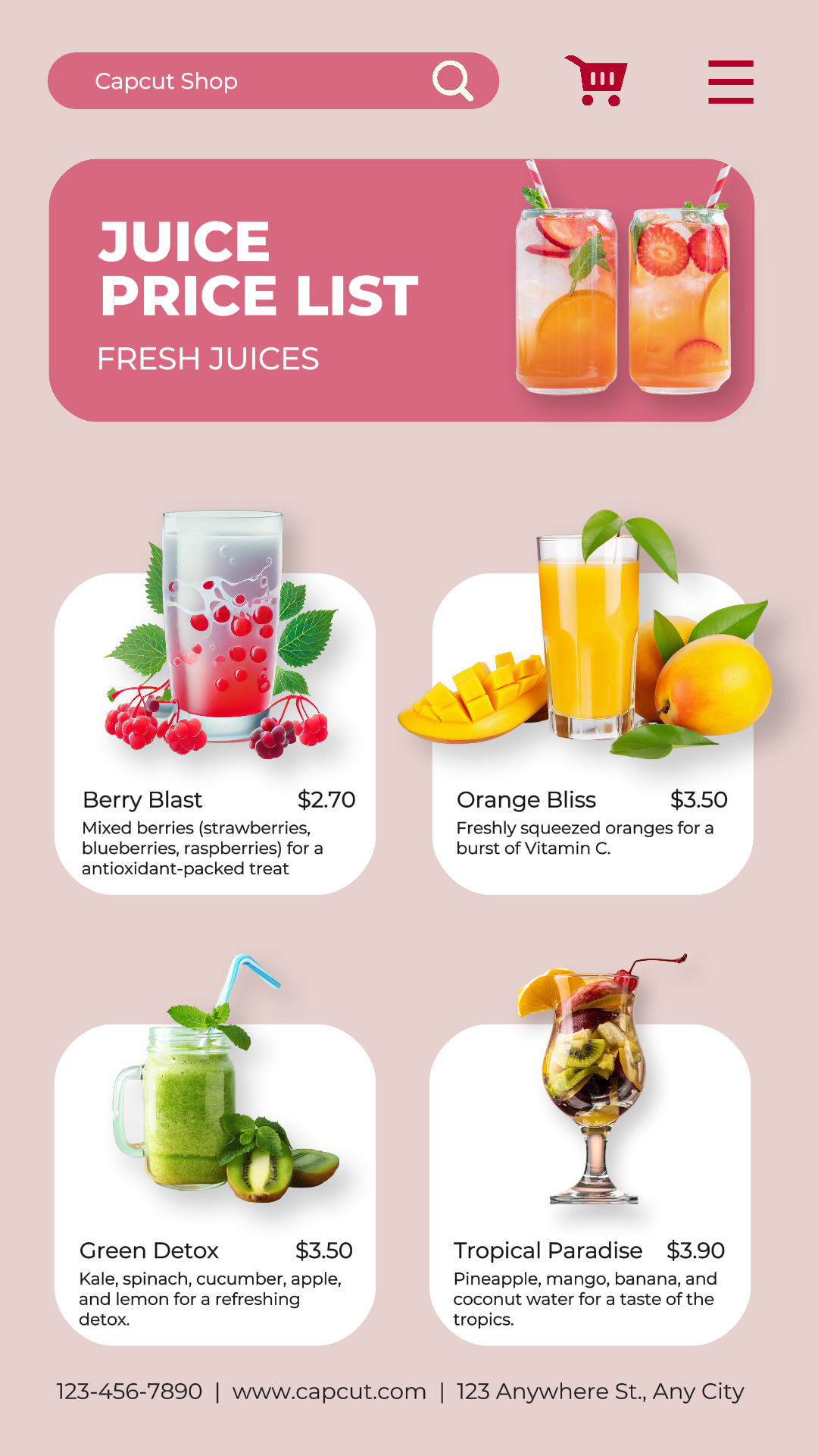 Liste de prix des jus de boissons Histoire Instagram