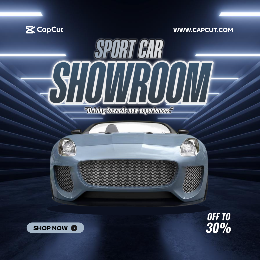 Salón de exposición deportivo de coches, publicación de marketing azul