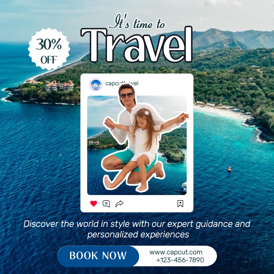 VIAGEM HORA DO POSTER CRIATIVO PARA VIAJAR PROMOÇÃO INSTAGRAM POST AZUL BRANCO