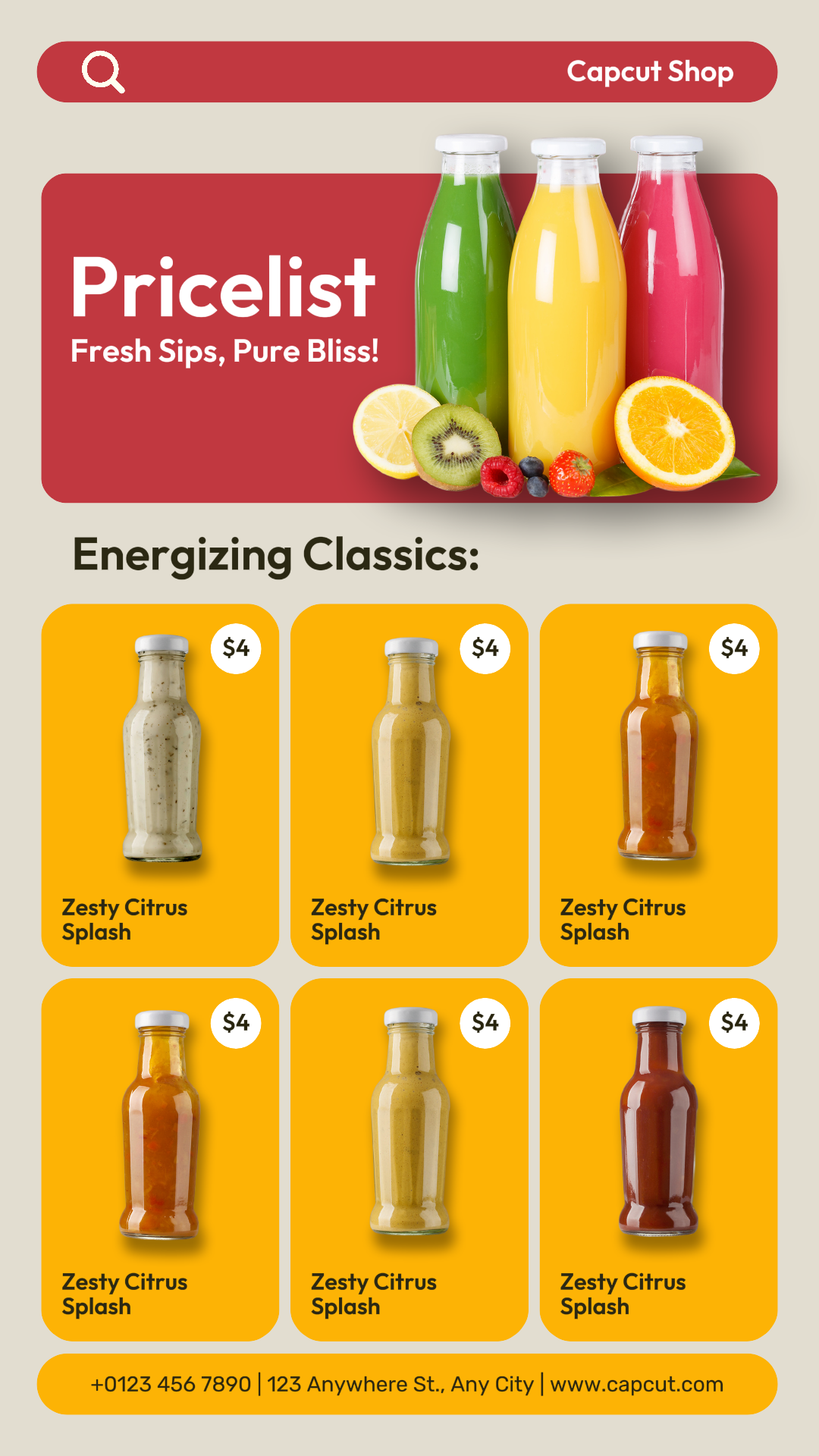 Beverage Juice bar Pricelist Instagram Story