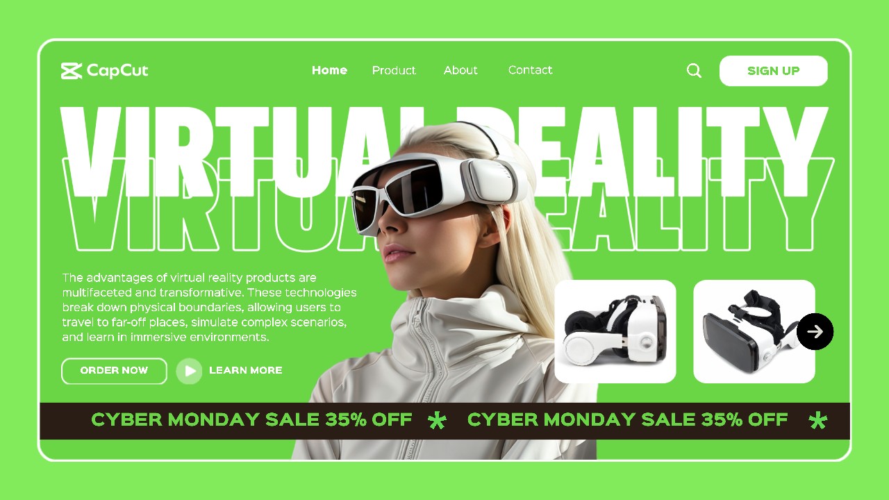 Grüne moderne UI Virtual Reality Cyber Monday Sale Promotion Website