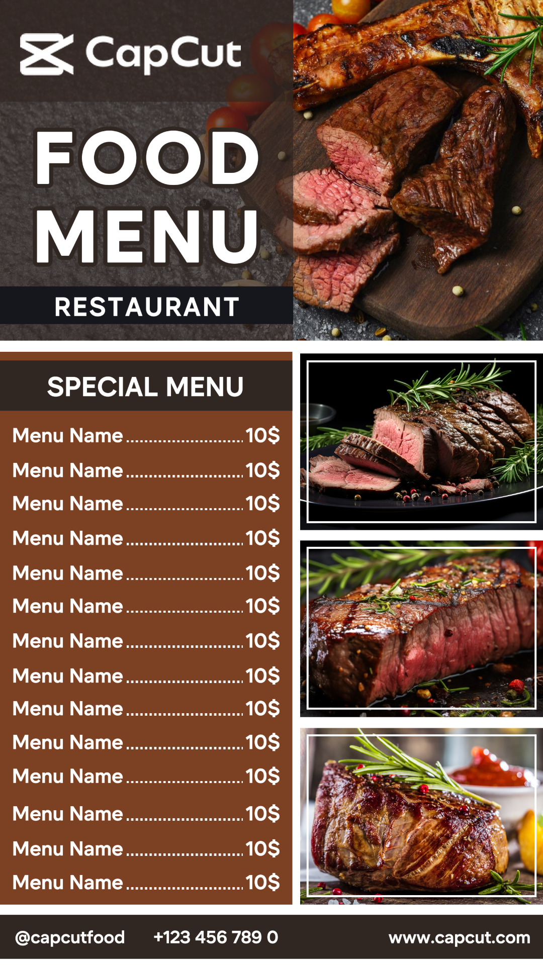 Um menu minimalista de bife com tema de chocolate pode ser editado para Instagram Stories