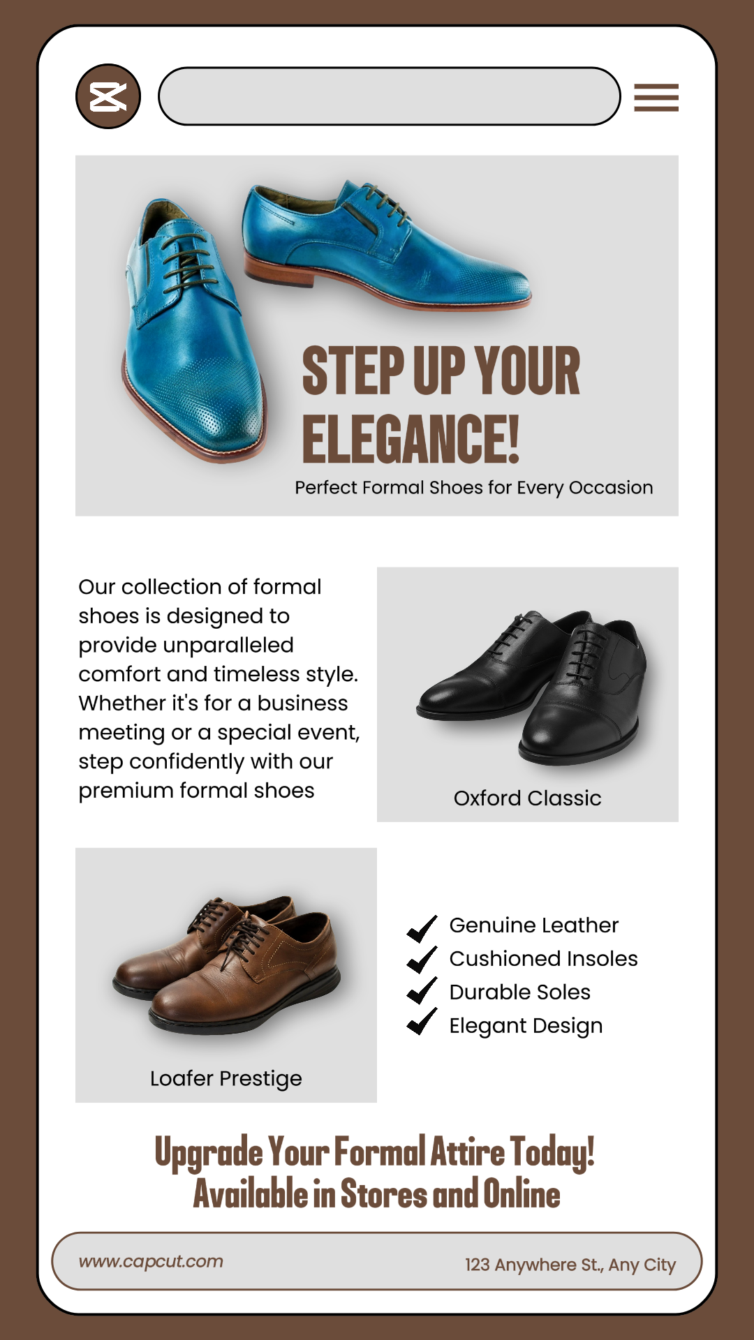 Clothing and Shoes Marketing Poster Formal Shoes Instagram Story Grey Brown