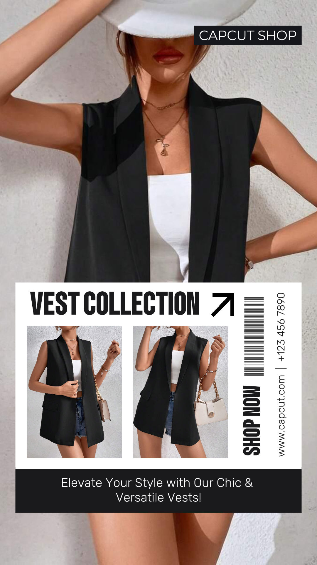 Poster Pemasaran Pakaian dan Sepatu Rompi Wanita Instagram Story Hitam Putih
