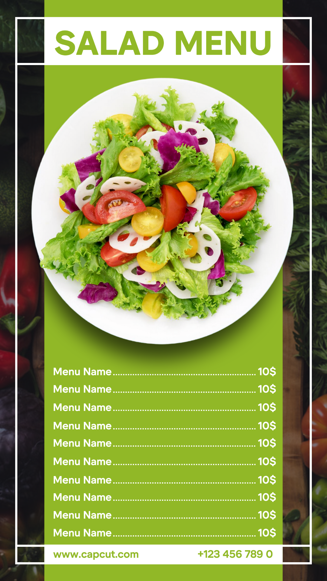 Minimalist salad food menu with pastel green theme editable for Instagram stories