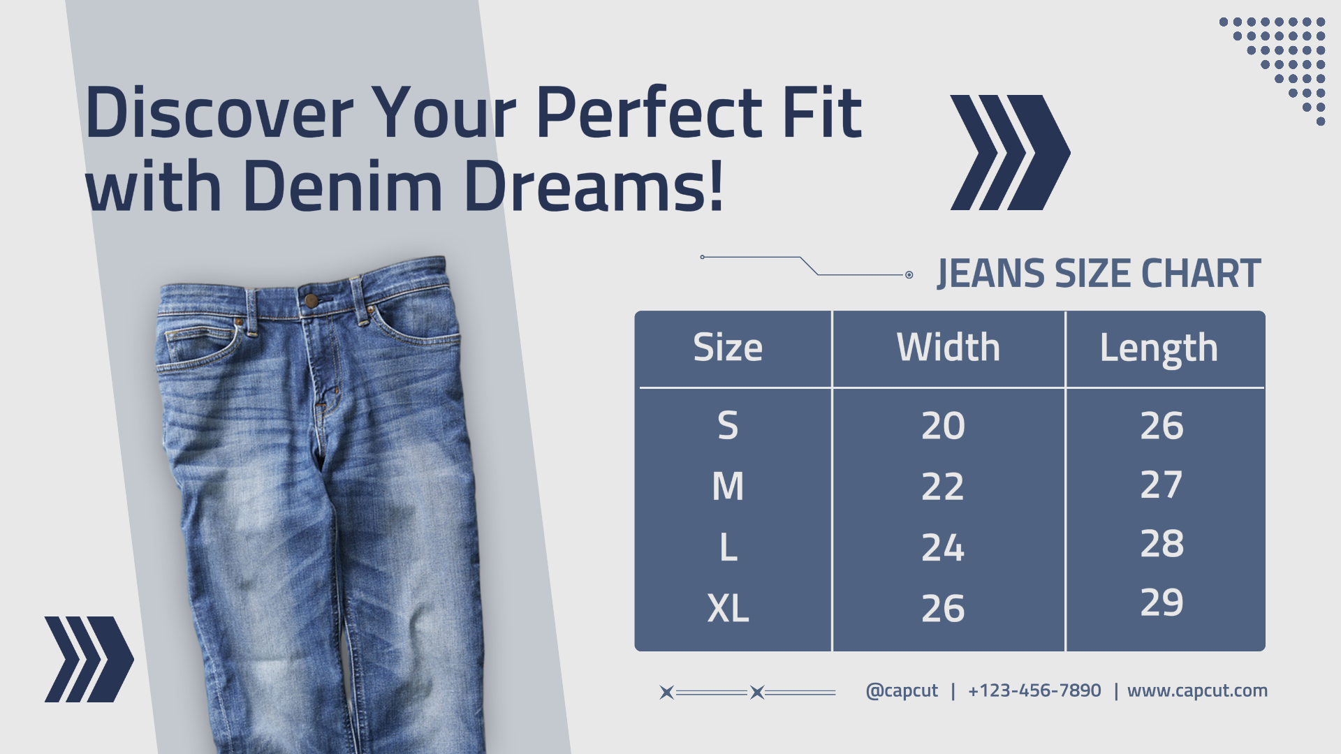 Gráfico de tamanhos de jeans da moda Exibição de produtos