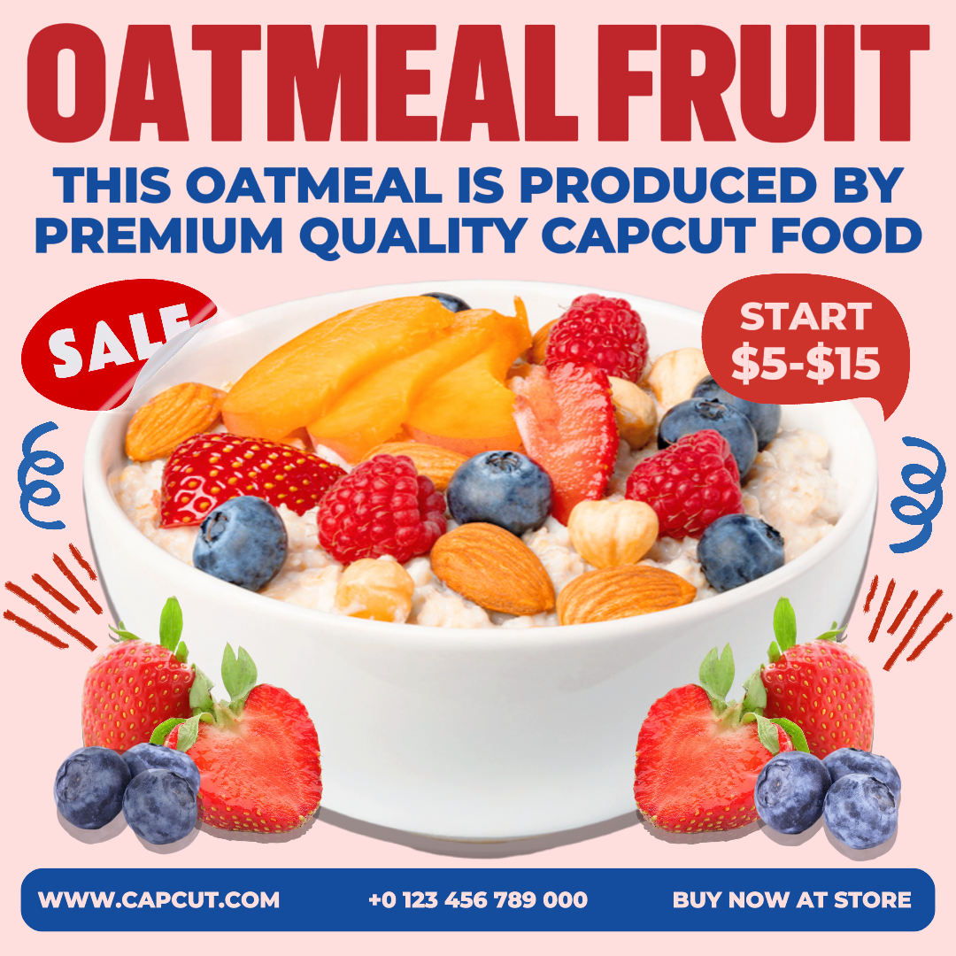 Alimentos Aveia Frutas Promoção Instagram Post Creme Azul Vermelho Moderno