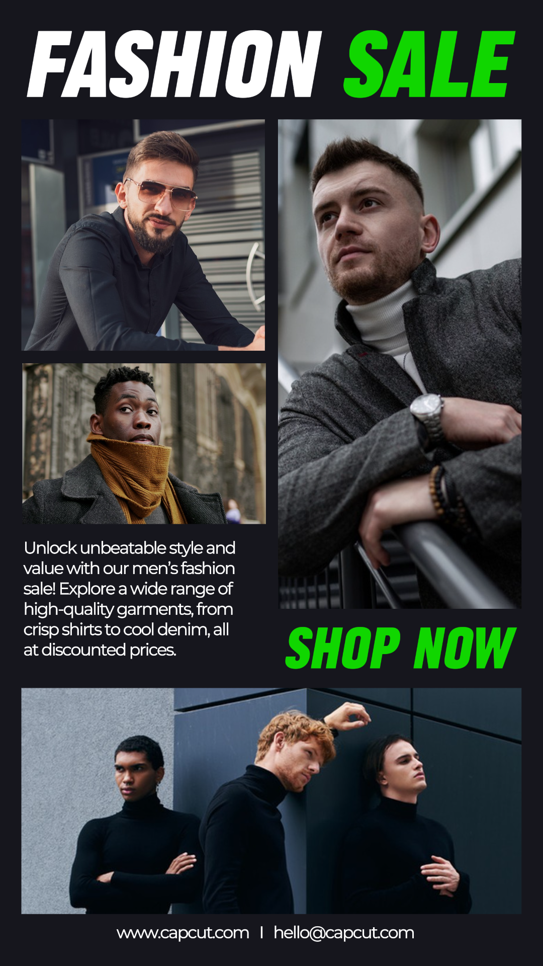 Cartel de marketing de collage minimalista IG Story Hombres Venta de moda Negro y neón