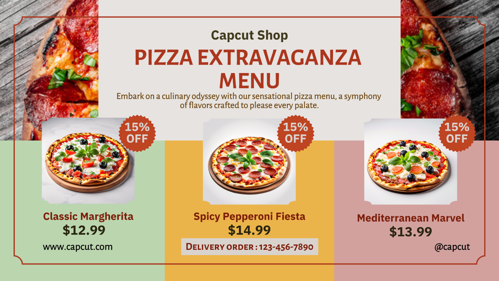 Menú de pizza de comida Pantalla de productos Publicación de Twitter