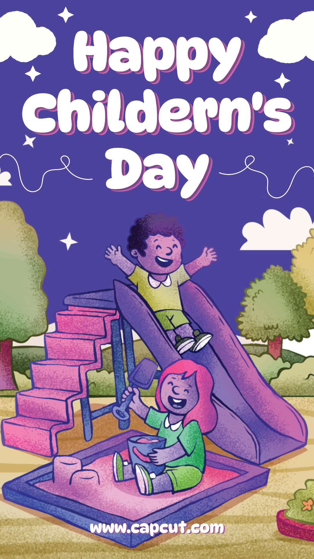 Children's Day Creative Poster Greeting Purple Color Cartoon TikTok