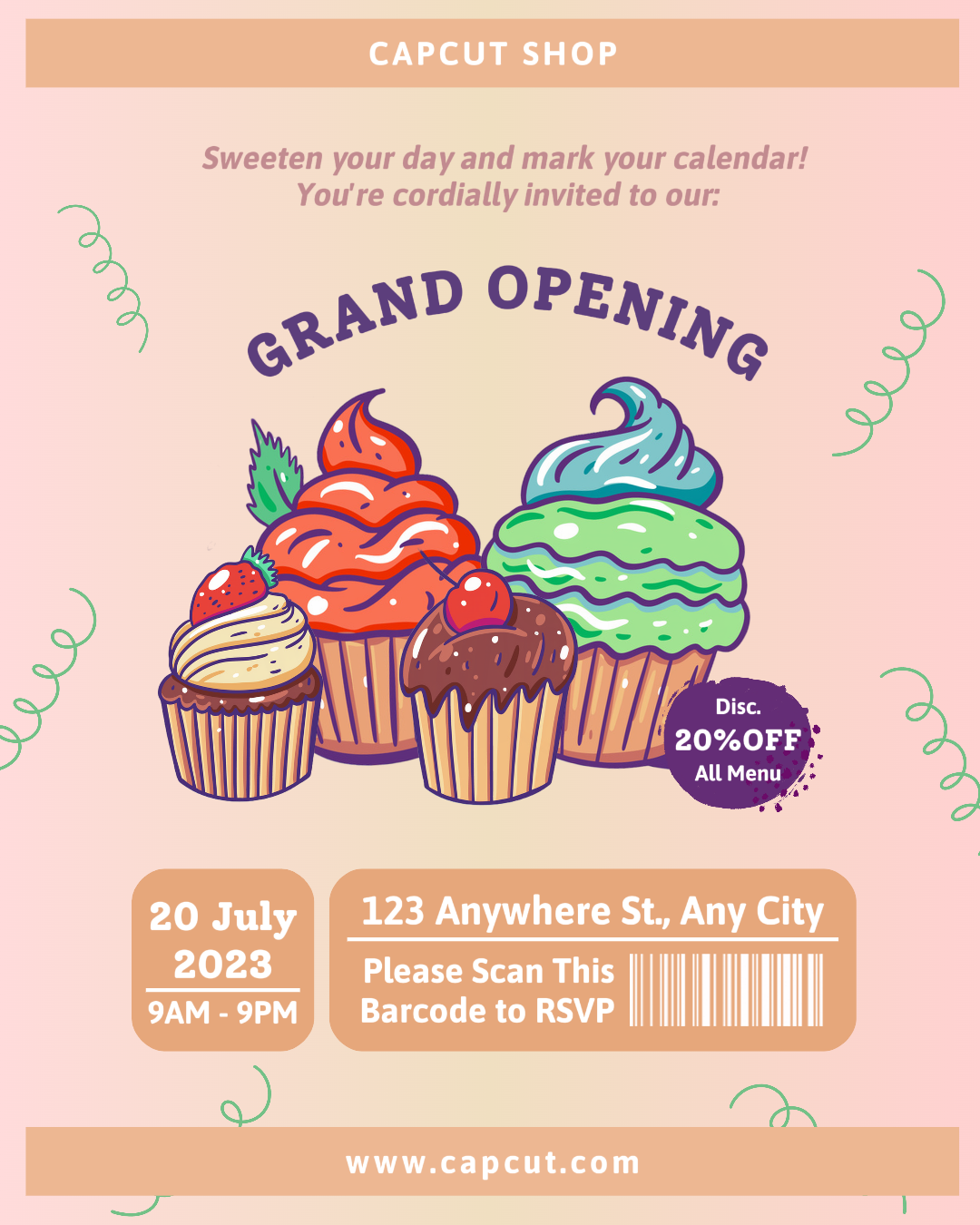 Portrait Instagram de la grande ouverture de la boutique de cupcakes alimentaires