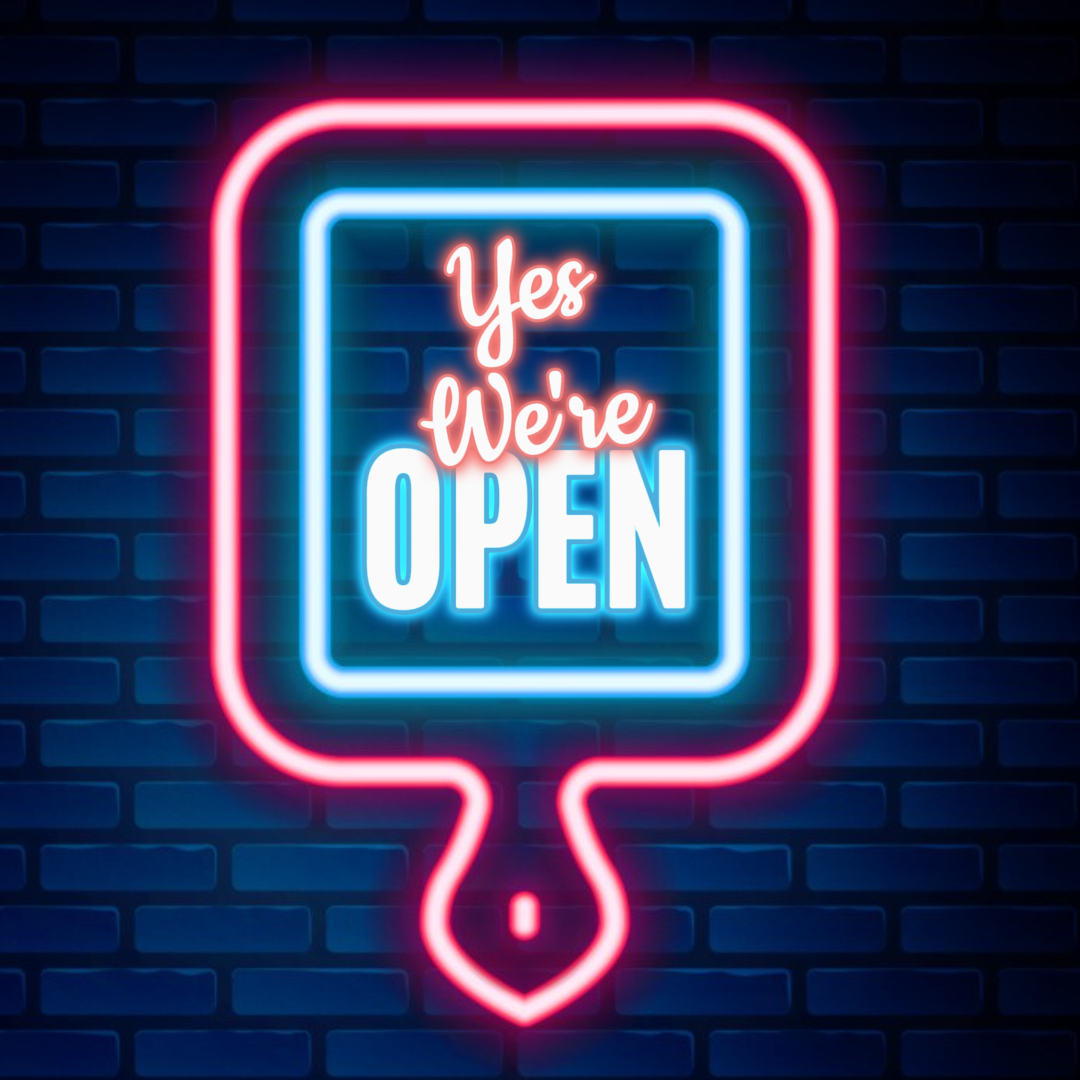 Cartel creativo de negocios y oficina publicación de instaram estamos abiertos azul rojo