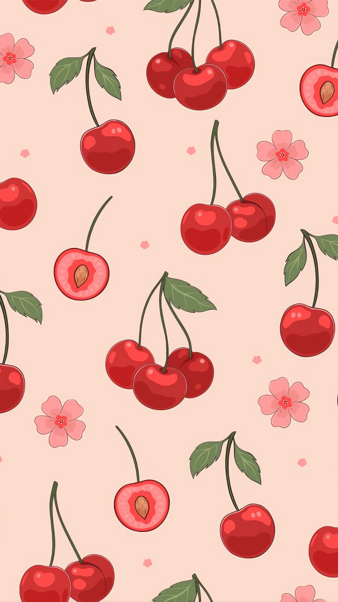 Wallpaper Buah Cherry Merah Muda Hijau Ilustrasi Kartun