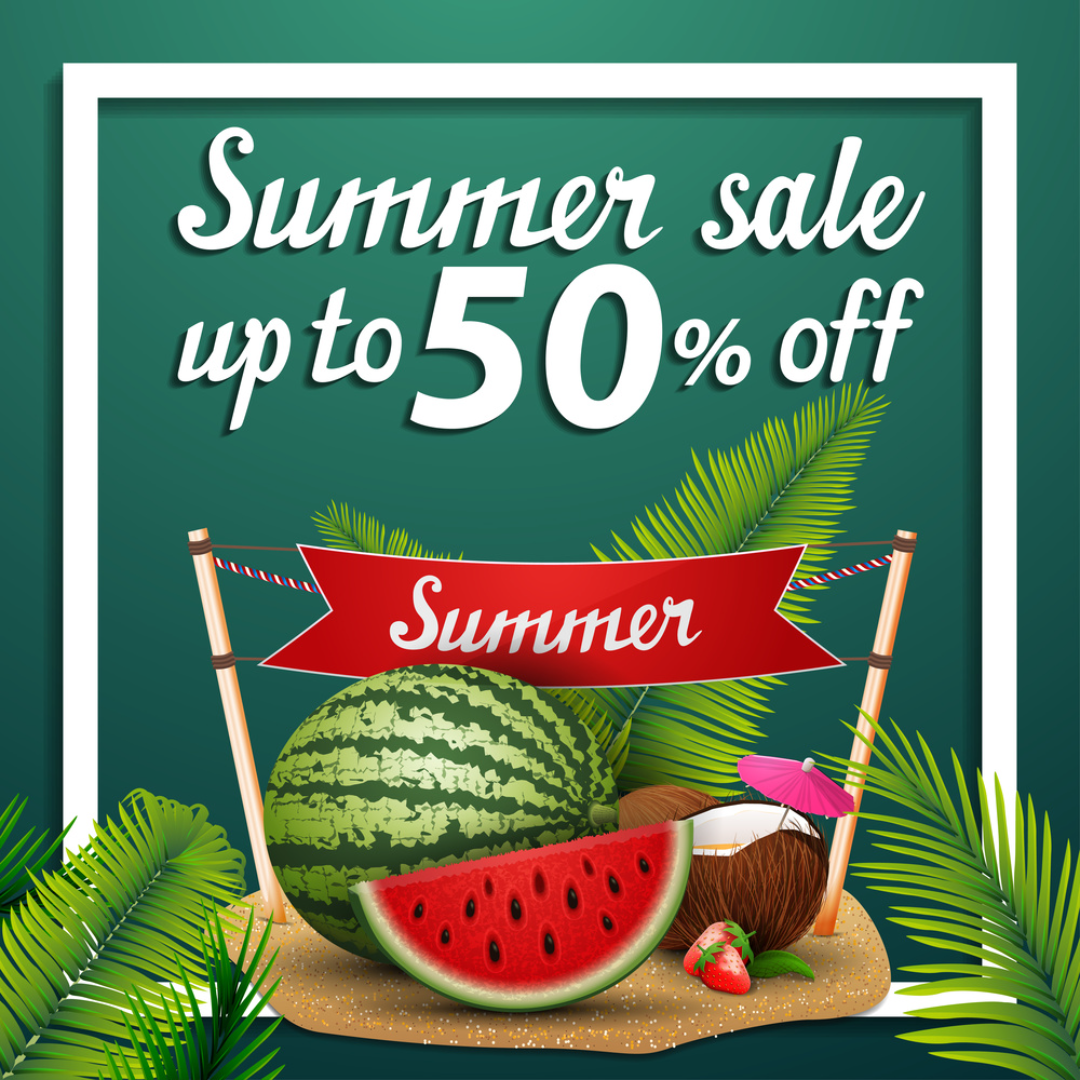 summer sale marketing poster for instagram post green with coconut photo and smoth typing