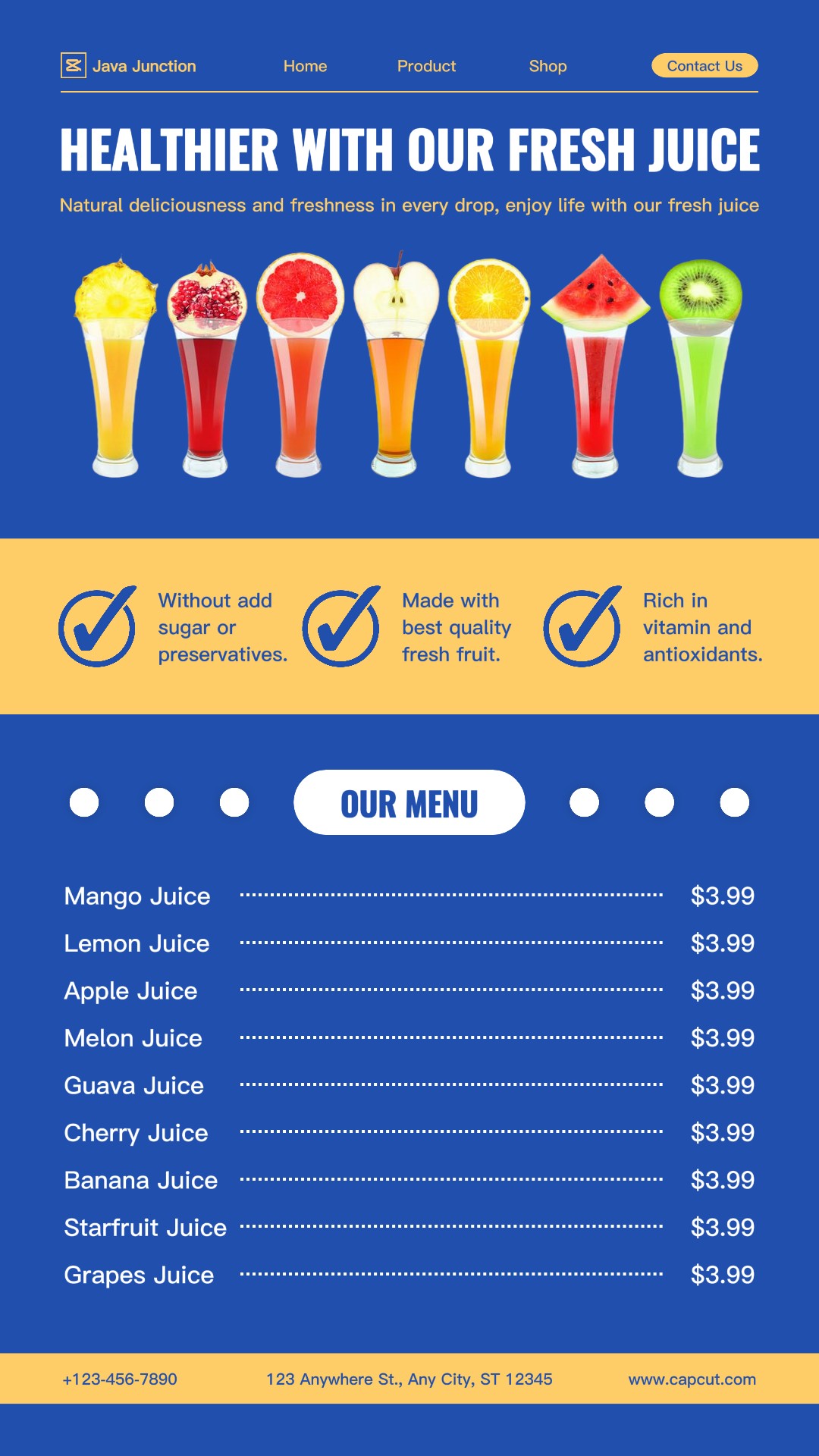 Menu de jus de fruits frais Histoire Instagram