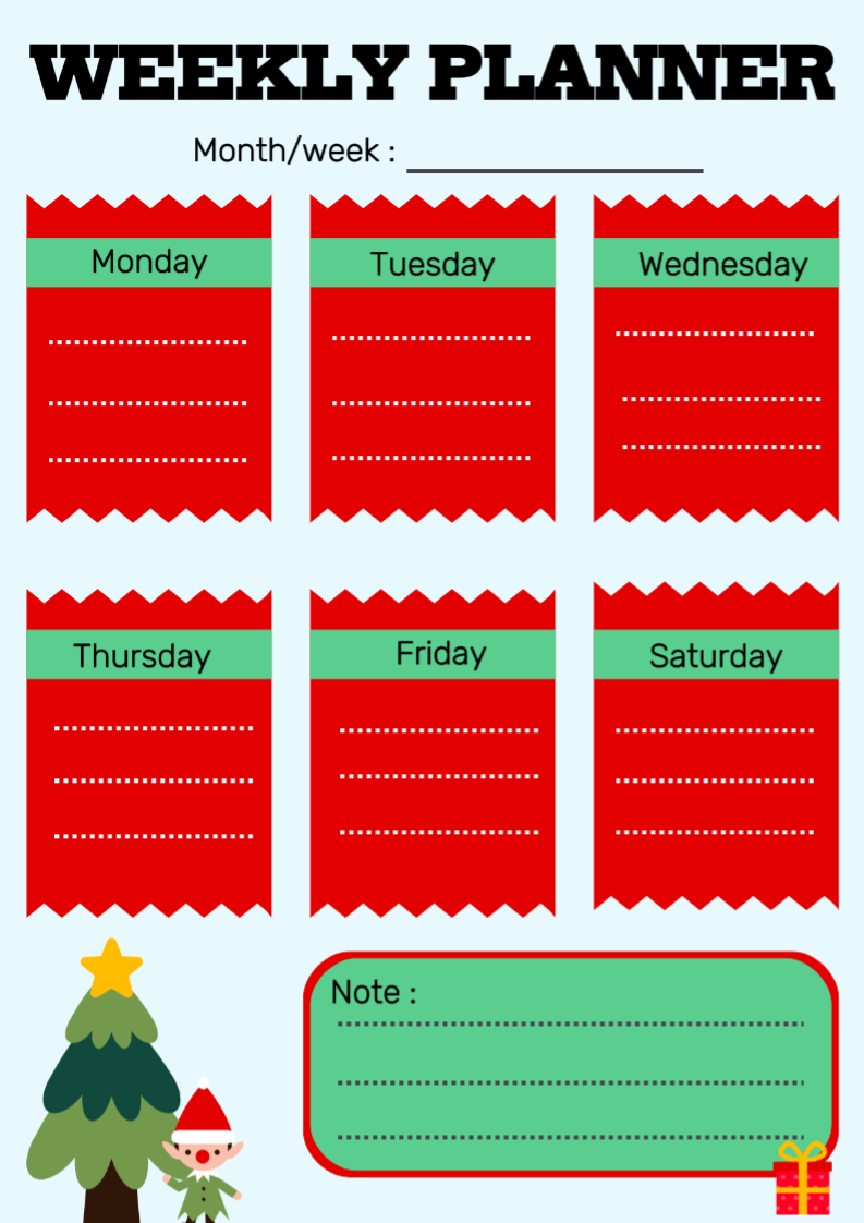 Non-marketing weekly planner christmas red green