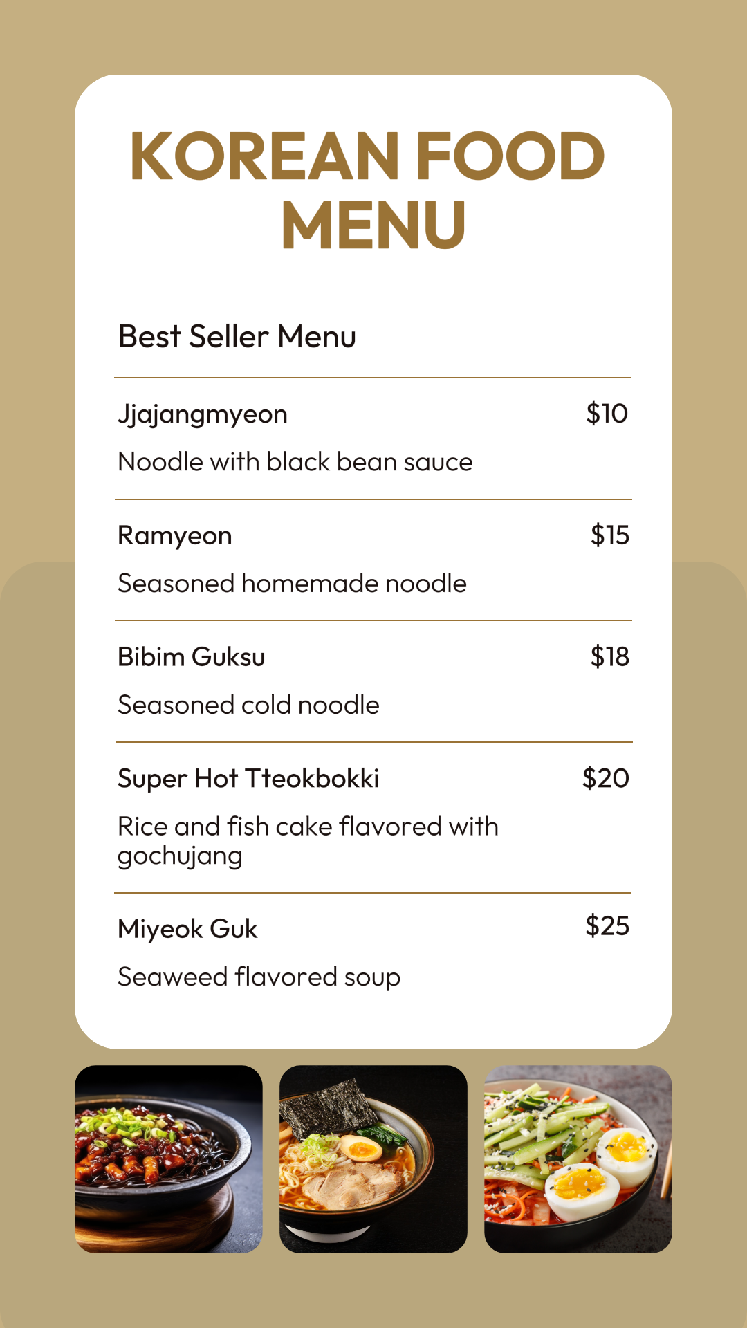 Menu alimentaire coréen Histoire Instagram