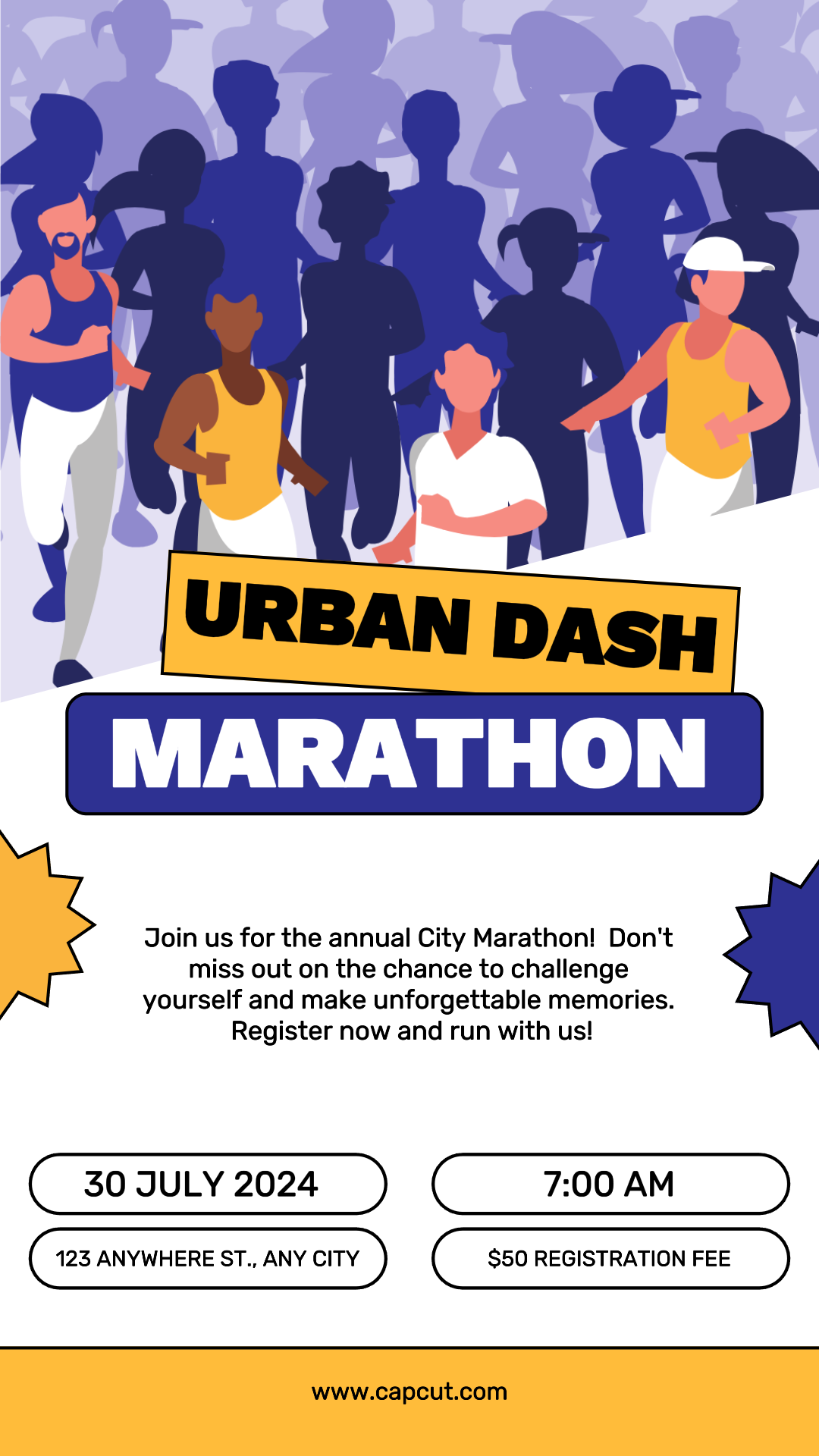 Maratona de pôsteres de esportes e marketing de partidas Instagram post roxo e amarelo