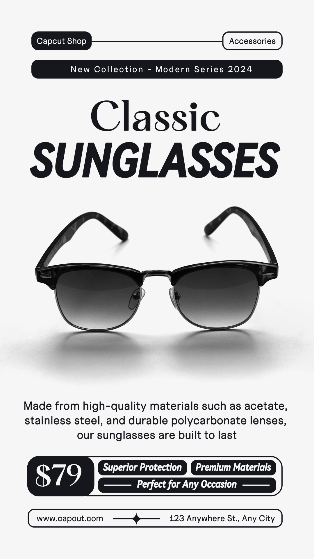 Joyas y accesorios Pantalla de gafas de sol clásicas Historia de Instagram Blanco y negro