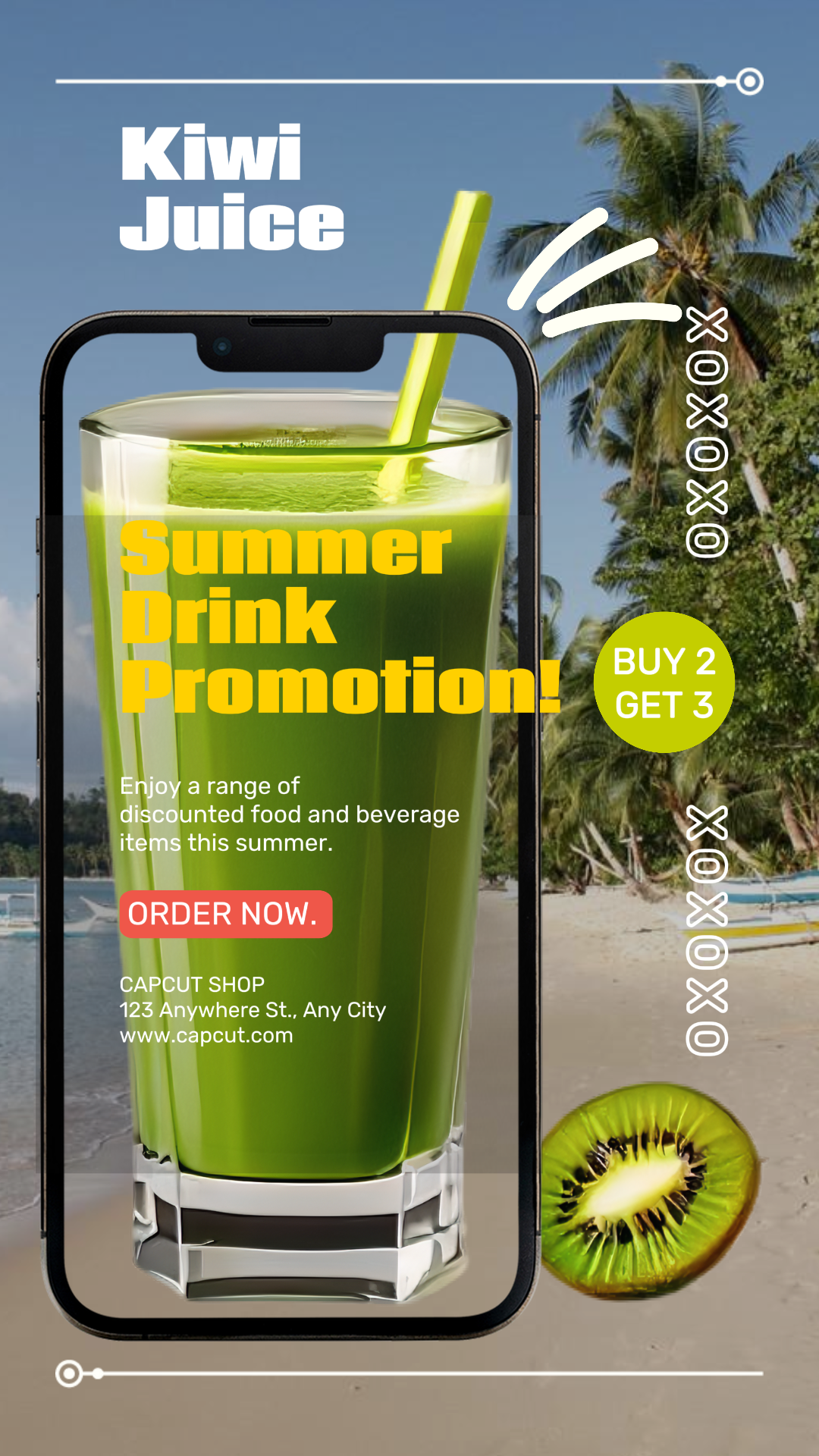 Vente d'été Affiche de marketing des aliments et des boissons Promotion des jus TikTok Blue Beach