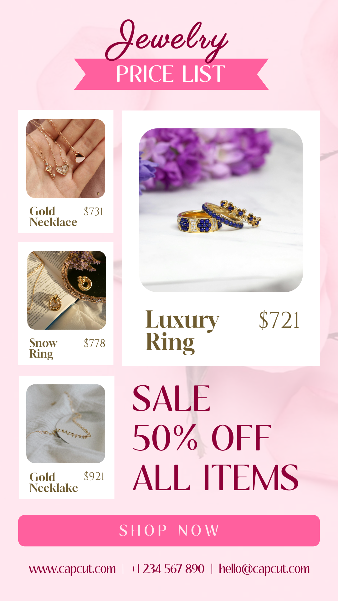 Lista de preços de joias e acessórios História do Instagram