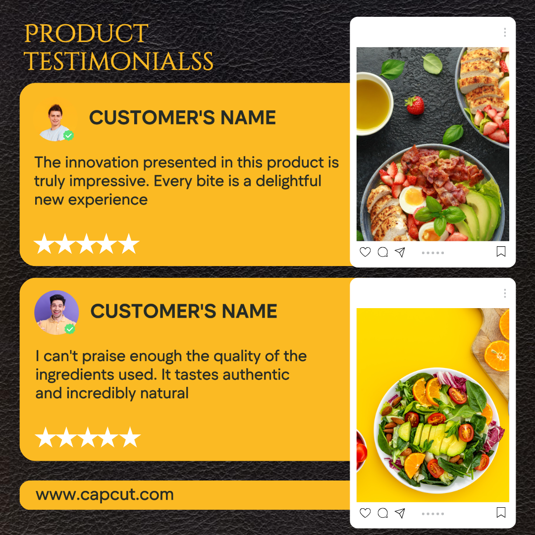 Diseño de plantilla minimalista para testimonios de comida, tema negro y amarillo para publicaciones de Instagram