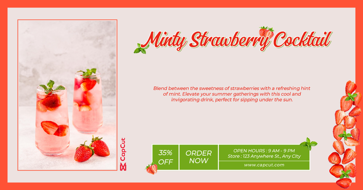 Facebook Ads Marketing Poster Beverages Strawberry Red Style