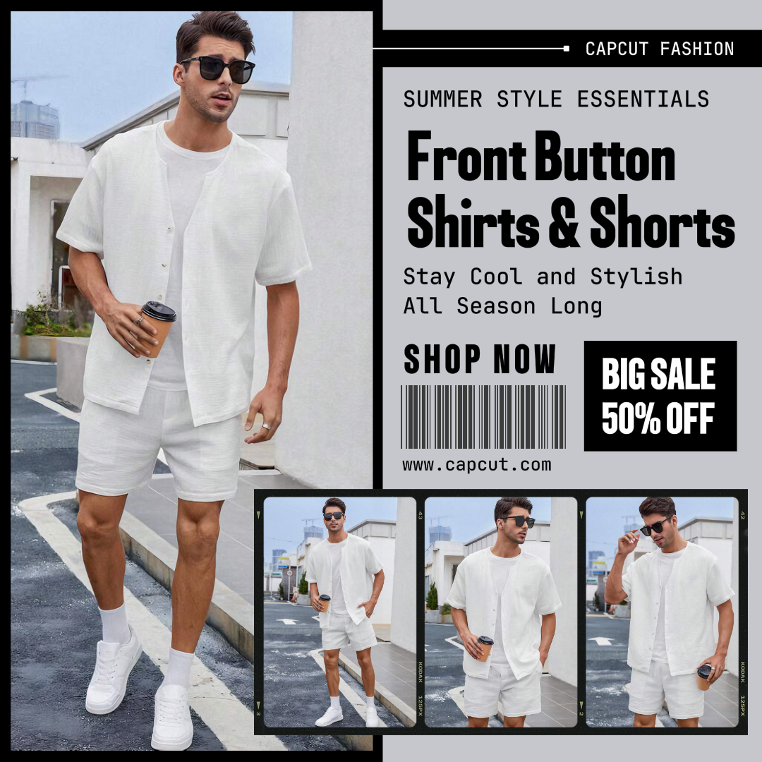 Ropa y zapatos Cartel de marketing Camisas y pantalones cortos de verano Promoción Instagram Post Gris Negro