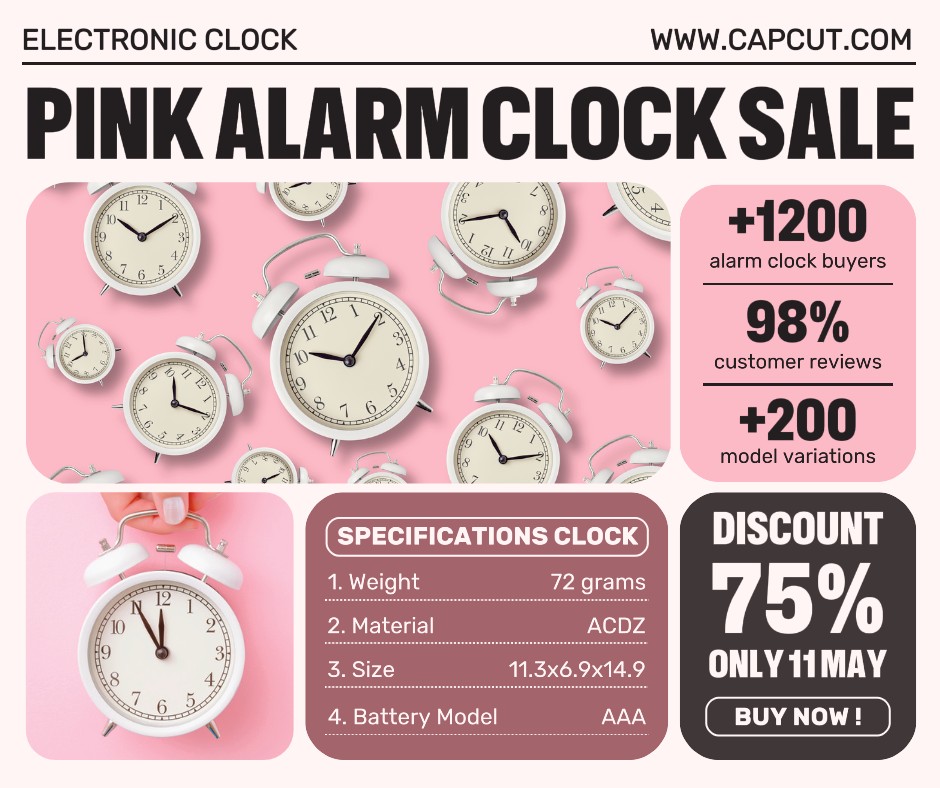 Réveil électronique rose promotion de vente facebook post blanc rose moderne