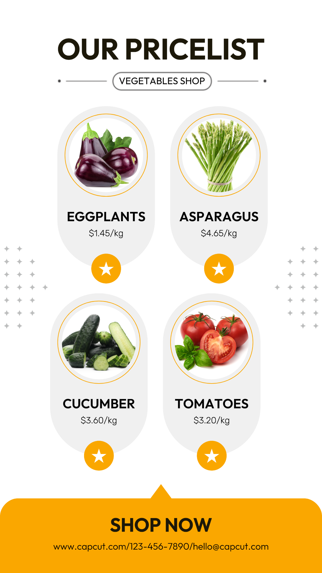 Alimentos e bebidas Vegetais Lista de preços da loja  