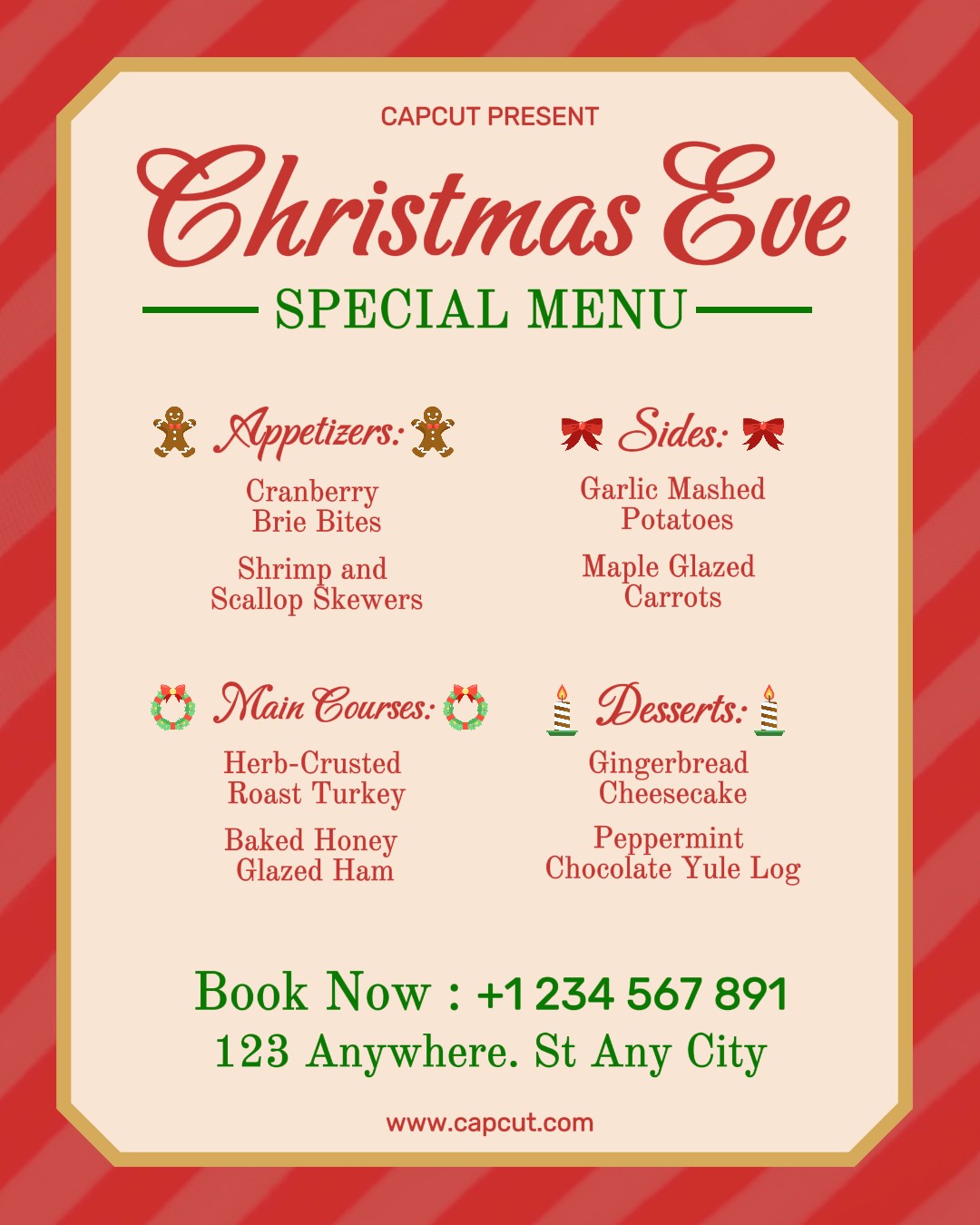 Menu spécial de plats et de boissons de la veille de Noël