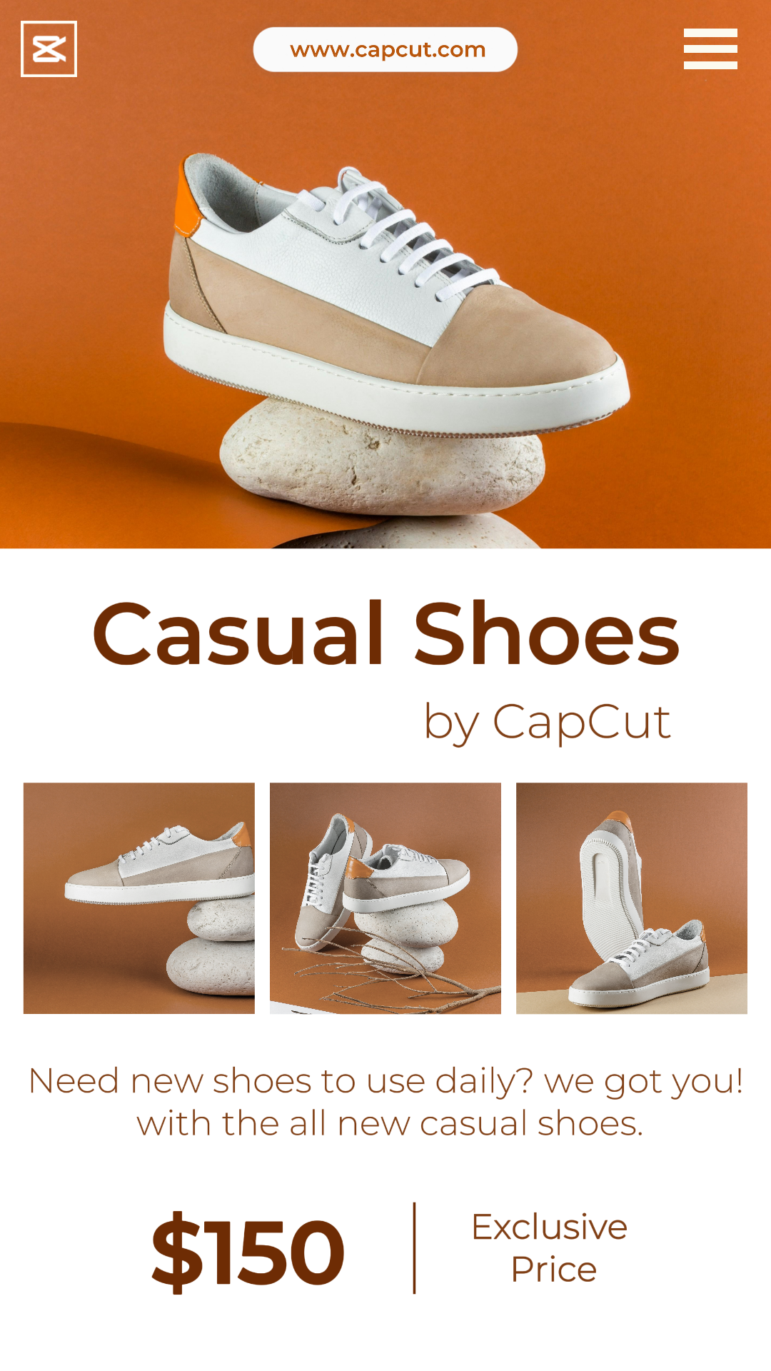  Vêtements et chaussures - Affiche marketing - Chaussures décontractées par CapCut Instagram Story Orange et Blanc