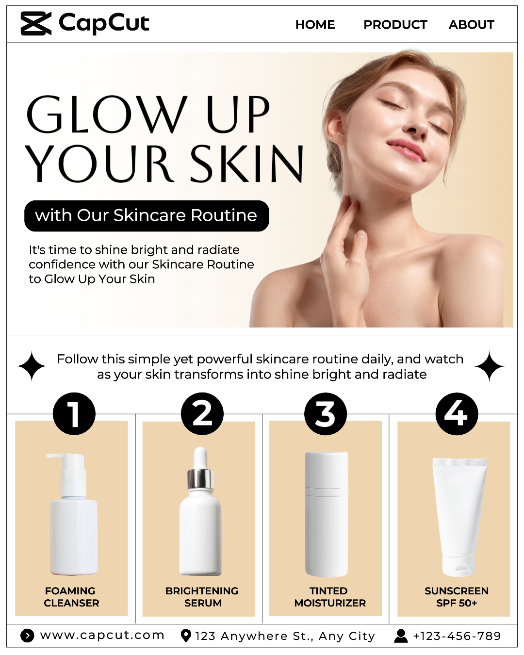 Cuidados de beleza Glow Up Rotina de cuidados com a pele Exibição do produto Retrato do Instagram