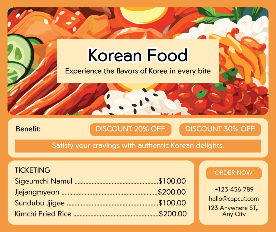 Menu de comida coreana para restaurante