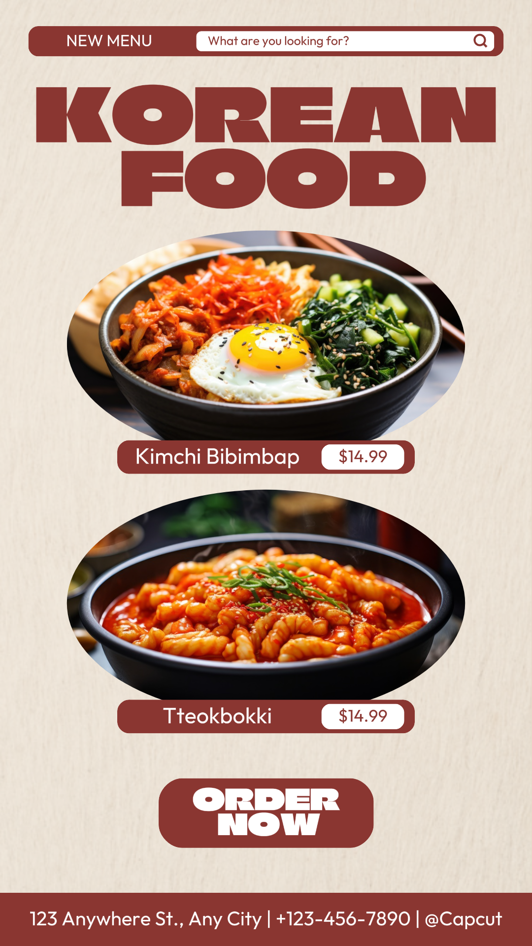 Affichage des produits du menu alimentaire coréen histoire Instagram