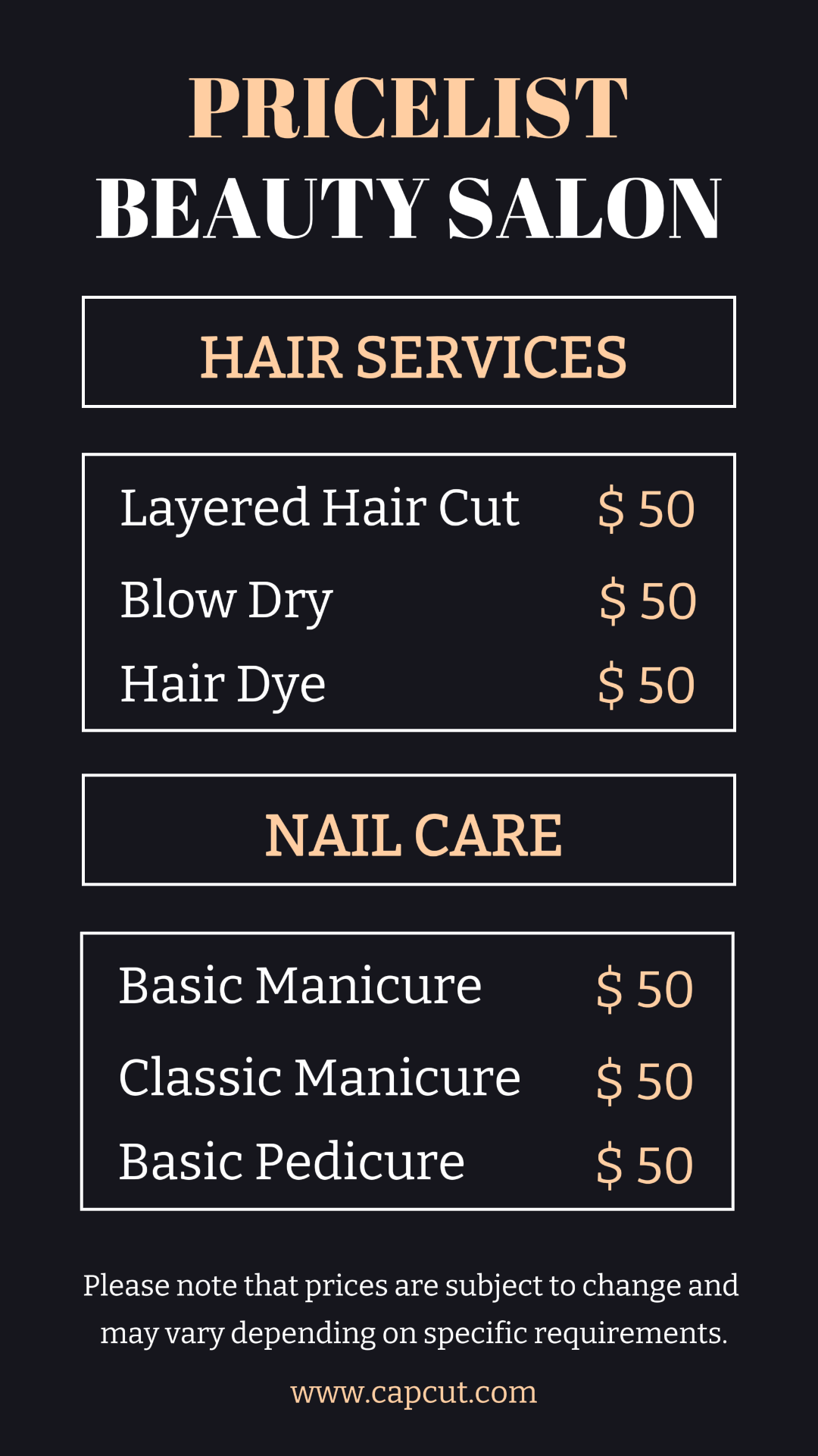 Beauty Salon Pricelist Instagram Story