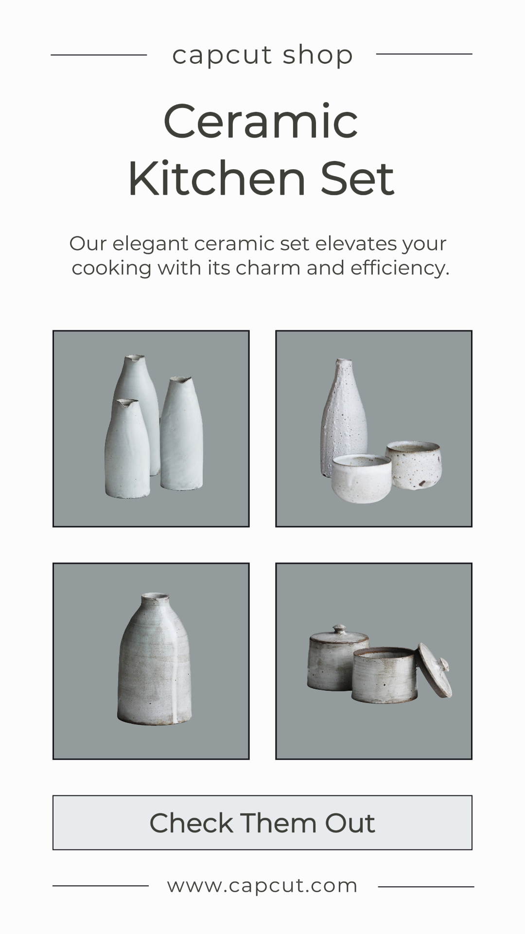 Comercialización del producto de exhibición del hogar Historia de Instagram Juego de cocina de cerámica gris