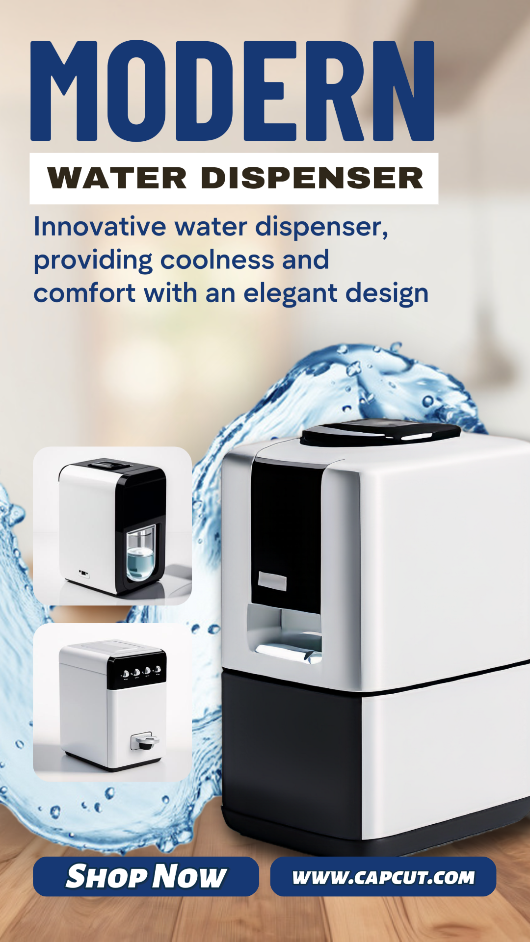 Elektronik, Wasserspender, minimalistischer Küchenhintergrund, Instagram Story